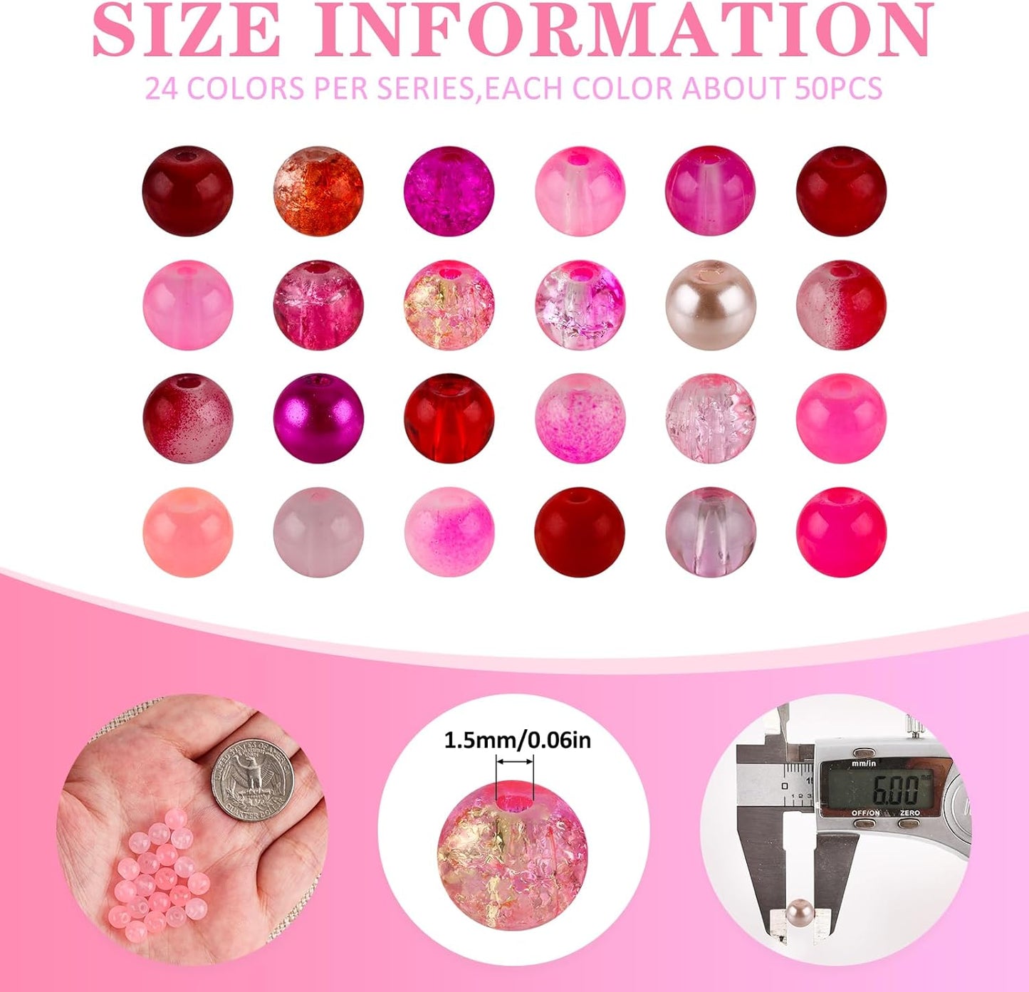 XSEINO About 1200PCS 6mm Glass Beads Bracelet Making Kit,24 Assorted Red and Pink Series Colorful Crystal Beads for Bracelet and Jewelry Making and DIY Crafts,Friendship Bracelets