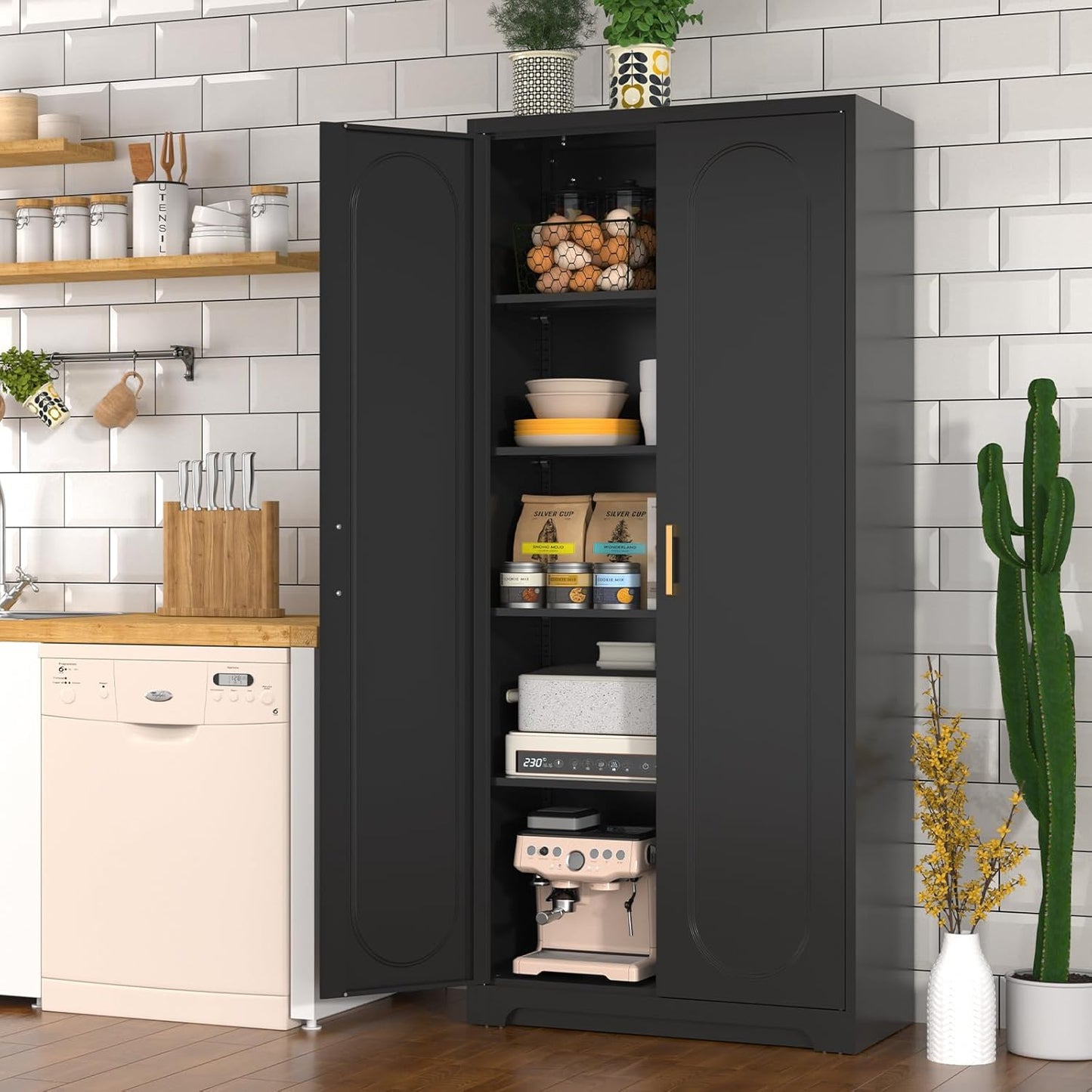 71" Tall Kitchen Pantry Cabinet, Pantry Storage Cabinet with Doors and Shelves, Metal Food Pantry Cabinets with Handles, Black Freestanding Cupboard for Living&Dining Room-Assemble Required