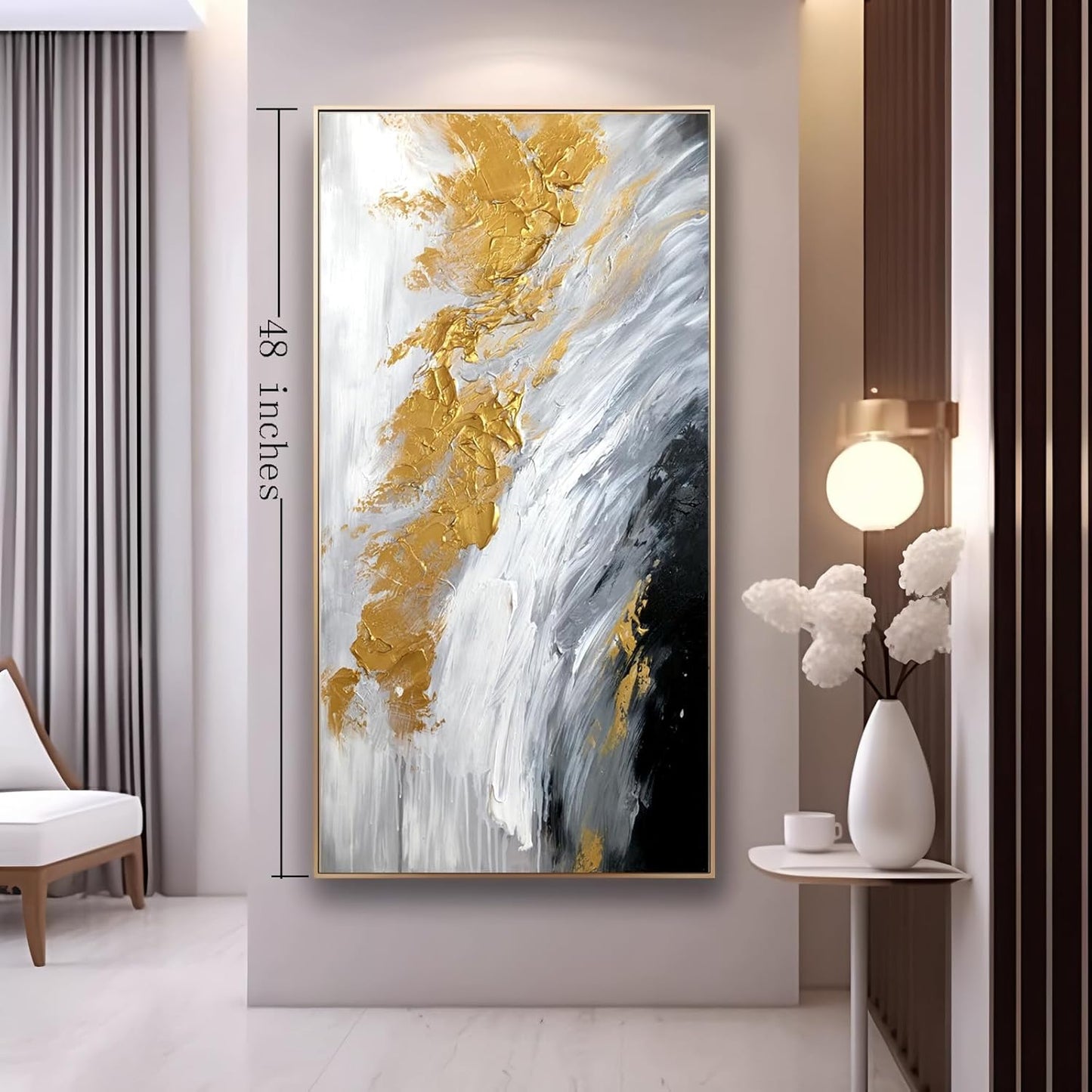 Hand-Painted Gold Abstract Oil Painting on Canvas for Entrance-Hall, Framed White and Black Wall Art for Living Room,Large Wall Picture for Bedroom Kitchen Home Decoration 24x48inch