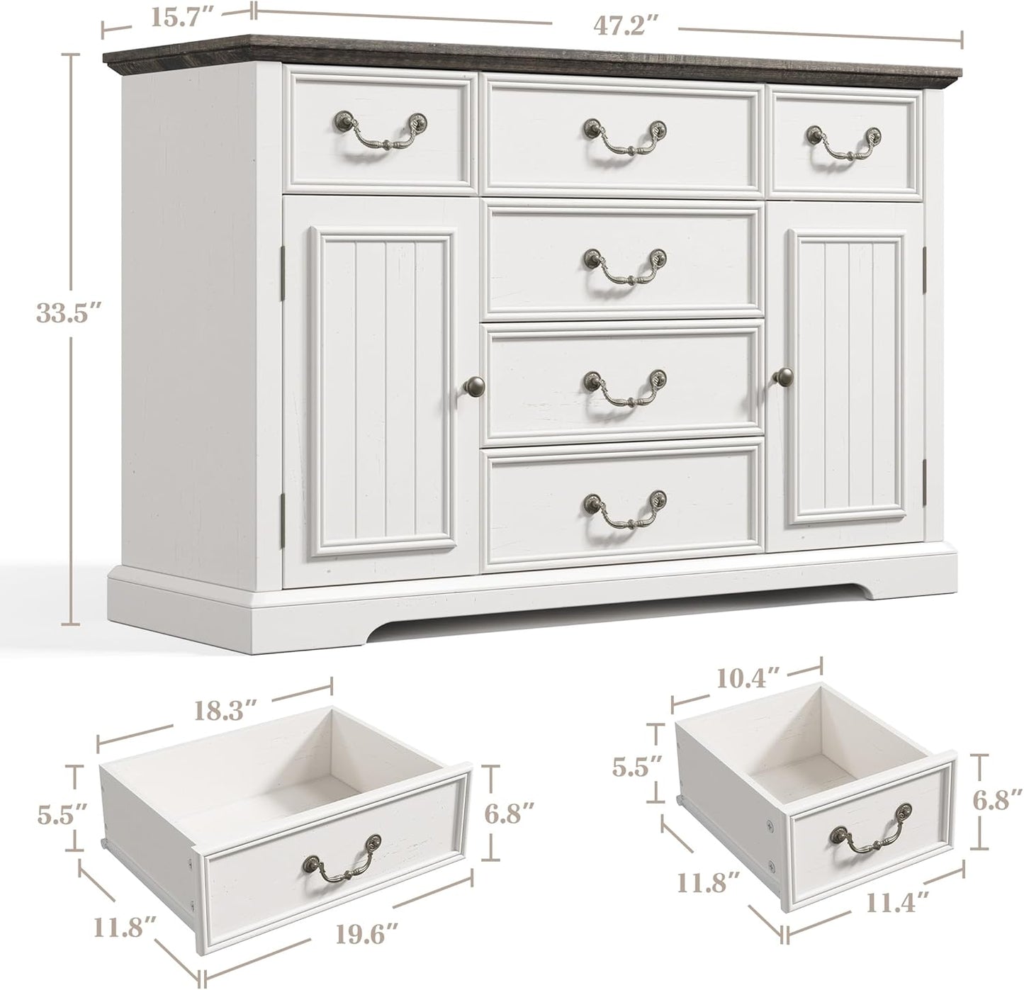 EnHomee White Dresser for Bedroom with 6 Drawer & 2 Doors,Wood Dressers & Chests of Drawers,Farmhouse TV Stand,Entryway,Antique White