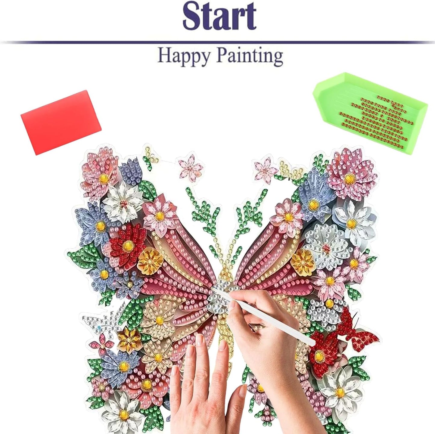 Diamond Painting Kits for Adults Beginners, 5D Full Drill Flowers and Butterflies Crystal Art Desktop Ornament, DIY Single Sided Home Office Desk Decor, Creative Craft Gift Set with Tools