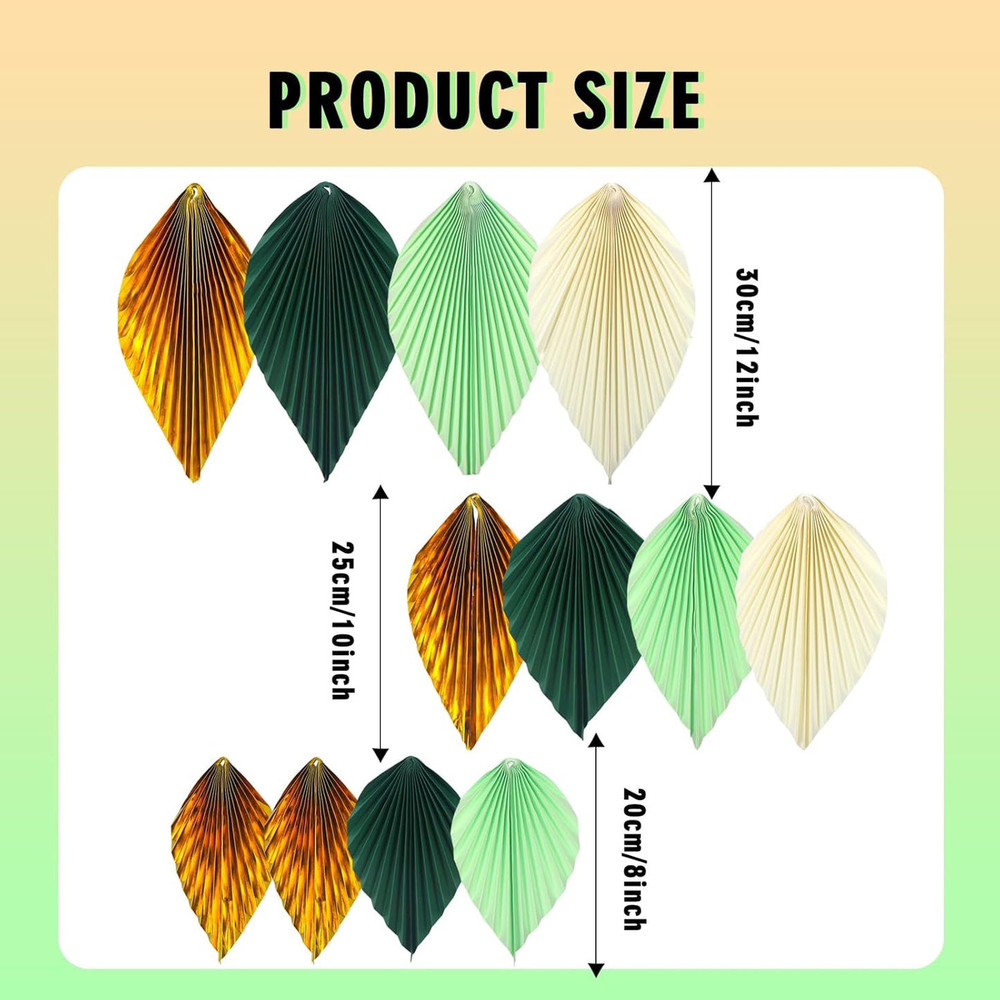 ADLKGG Green Gold Hanging Paper Leaves Wall Backdrop Decor, Paper Palm Leaves Fan Party Decorations for Forest Birthday Party Tropical Jungle Theme Classroom Decor, 12pcs