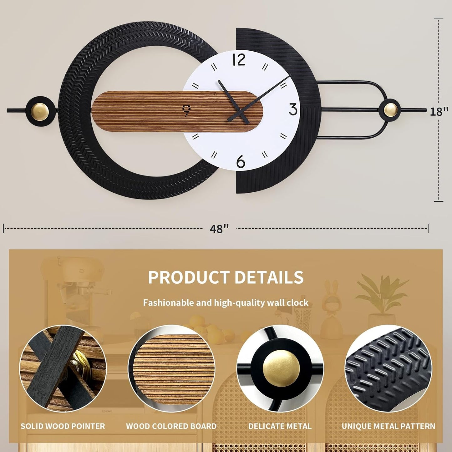 48x18 Inch Oversized Large Wall Clocks-Silent Non Ticking Battery Operated Modern Big Wood Decorative Metal Wall Clock for Living Room, Bedroom,Kitchen,Farmhouse,Office Decor - Black