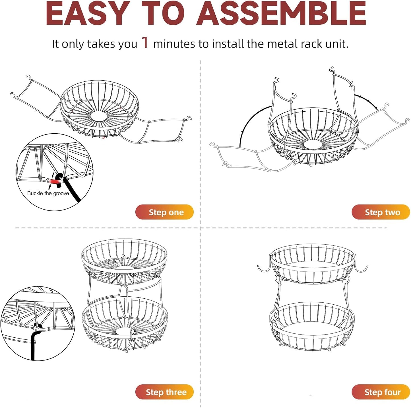 2 Tier Fruit Basket for Kitchen Counter with 2 Banana Hangers, Metal Stackable Fruit Bowl for Kitchen Counter for Bread Vegetable Fruits, Brown