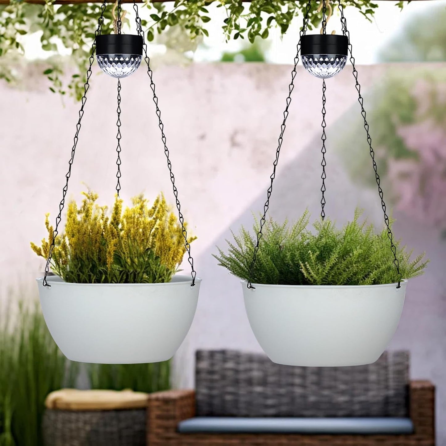 2 Packs Hanging Planters Basket for Outdoor Plants, Solar Powered Self Watering White Round Plastic Flower Pots with Drainer for Balcony Patio Garden Outdoor Decoration