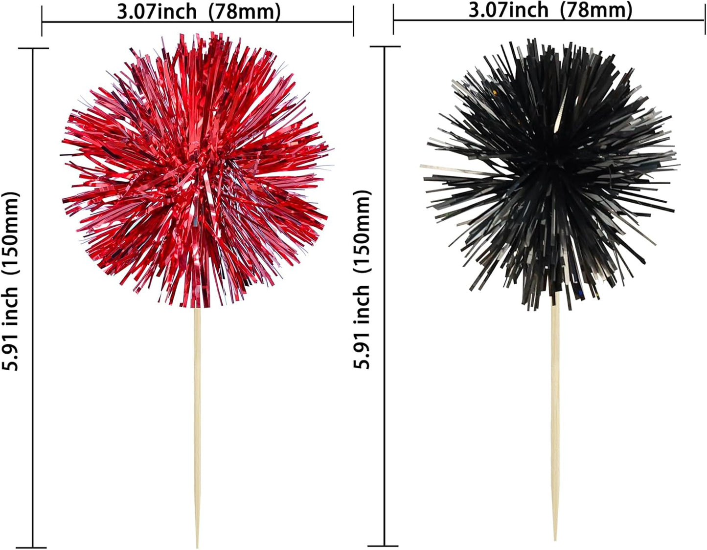 Ephlyn 30Pcs Foil Firework Cupcake Toppers Party Birthday Cake Toppers Supplies Sparkle Tinsel Cocktail Fruit Toothpick for Birthday Wedding Graduation Party Supplies Black Red