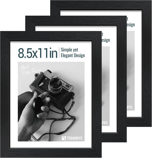 8.5x11 Picture Frame Set of 3 - Black Woodgrain, Solid Wood & HD Tempered Glass, Table Display or Wall Hanging