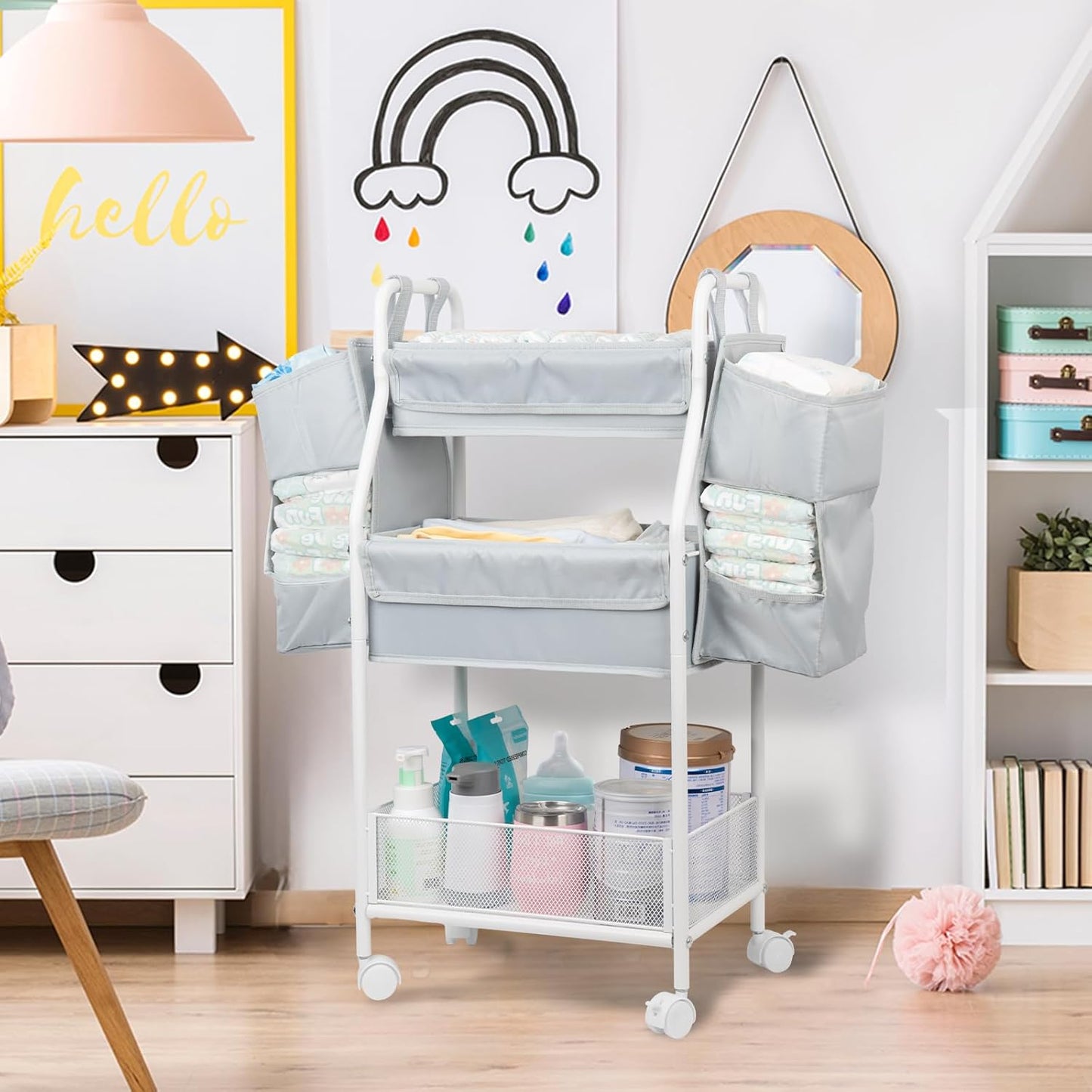 Moteph Rolling Utility Cart with Side Storage - Diaper Organizer, Nursery Essentials, and Craft Organizer (with_Side_Storage)