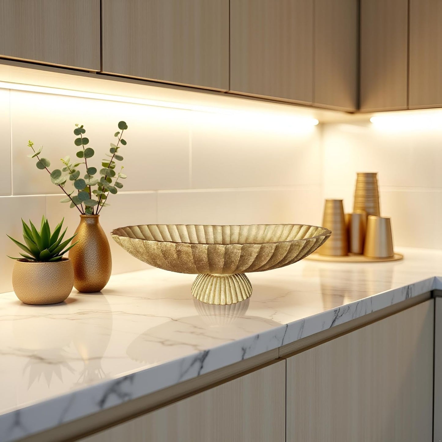 14.5" Large Decorative Long Bowl decor - Fluted Scalloped Decorative Bowls for Home Decor - Ruffle Decor,Stylish Key Bowl for Entry Table,Decorative Fruit Bowls for Kitchen Counter,Golden