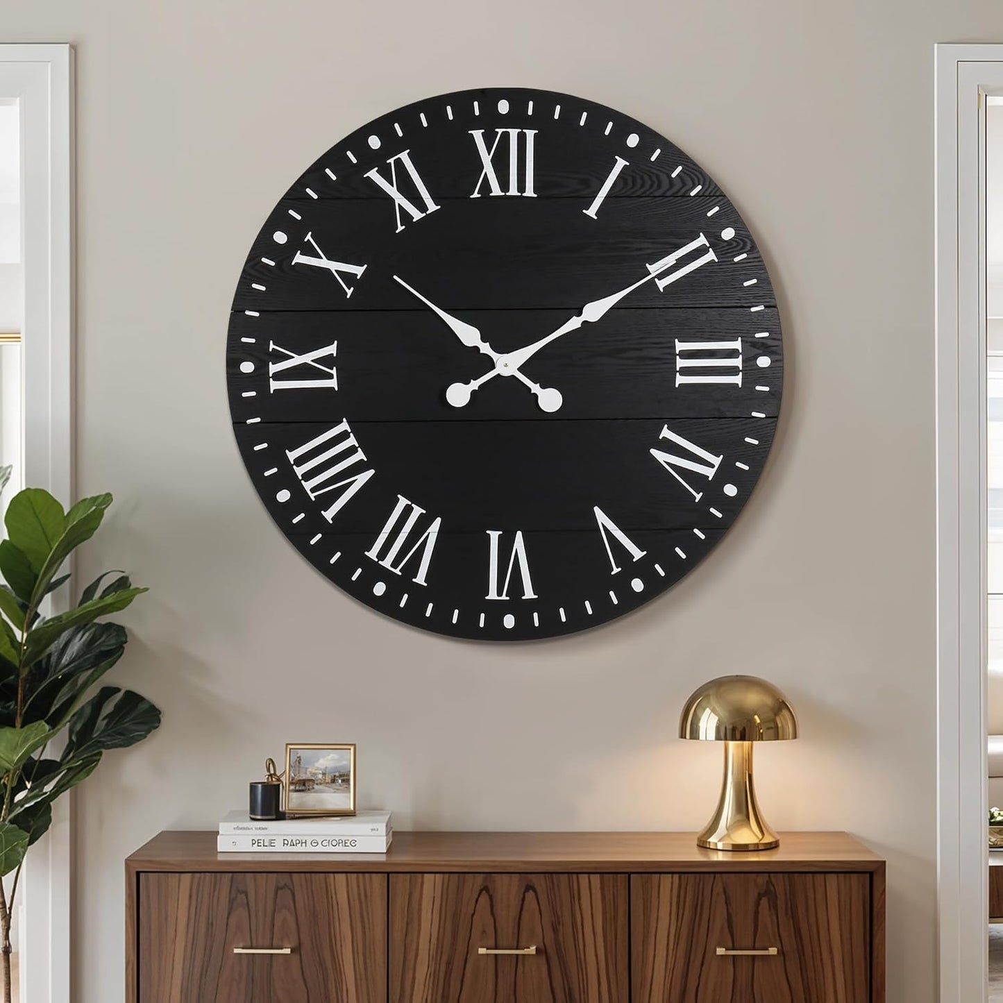 Large Wall Clock with Roman Numeral, 35” Shiplap Wall Clock Farmhouse Nearly Non-Ticking, Round Clock for Living Room Decor, Office, Bedroom, Entrance, Black