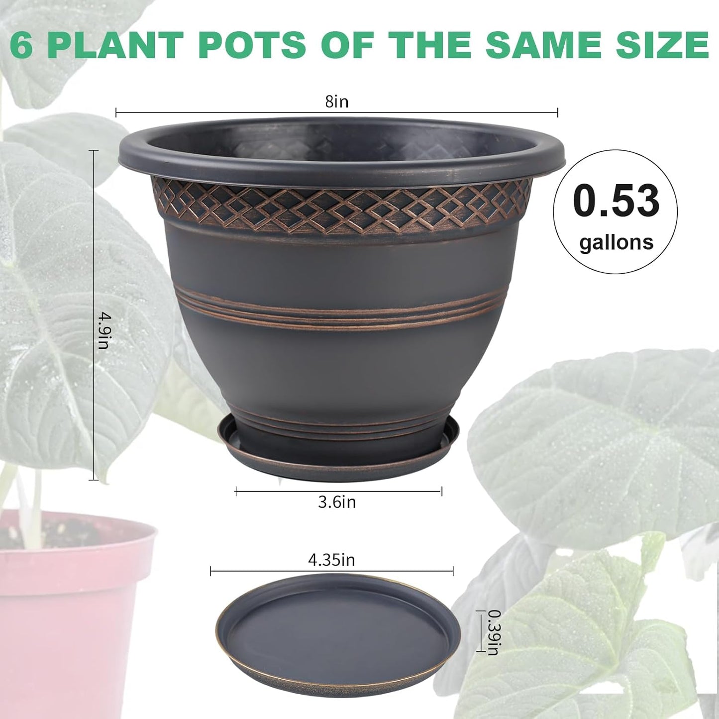 6 Pack 8 Inch Plant Pots, Plastic Flower Pot for Indoor & Outdoor with Drainage Holes & Saucer, Plaid Pattern Planters Garden Pots for Herbs