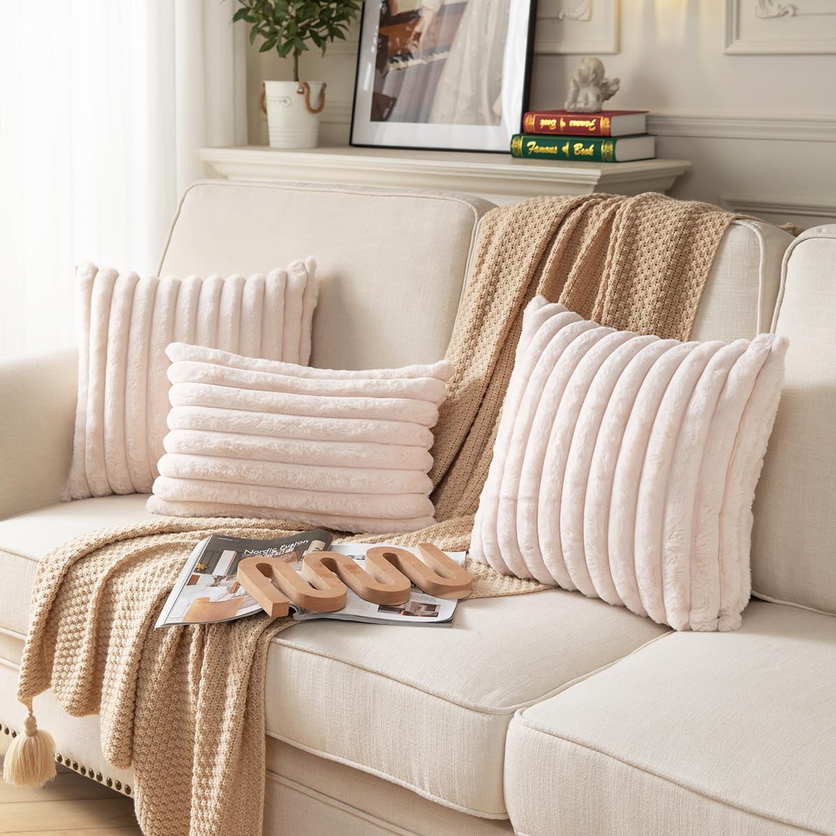 DEELAND Pack of 2,Double-Sided Faux Fur Plush Decorative Throw Pillow Covers Fuzzy Striped Soft Pillowcase Cushion Covers for Sofa Couch Bedroom Beige 16x16 inch