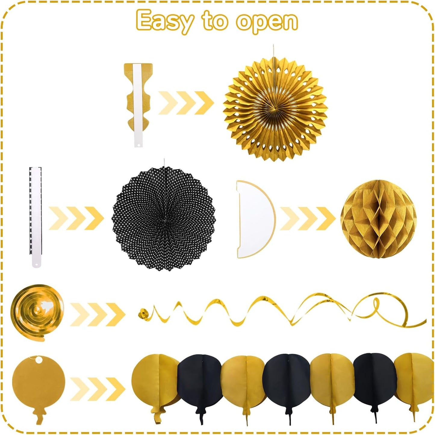 Black Gold Party Decorations, New Years Eve Party Supplies Easy Assembly Paper Fan Honeycomb Ball Garland Hanging Swirl for Graduation Congrats Grad Birthday Happy New Year Party