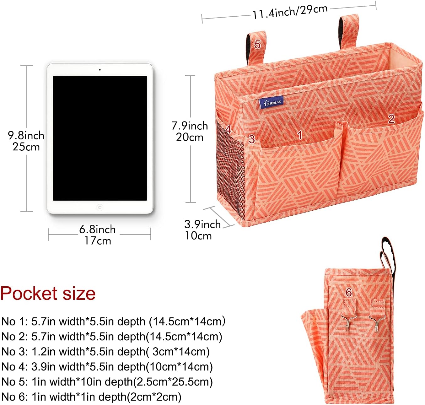 Surblue Bedside Caddy Hanging Bed Organizer Storage Bag Pocket for Bunk and Hospital Beds, College Dorm Rooms Baby Bed Rails,Camp Chiars，Wheelchair Side Bag，4 Pockets and 2 Hooks (Orange Plaid)