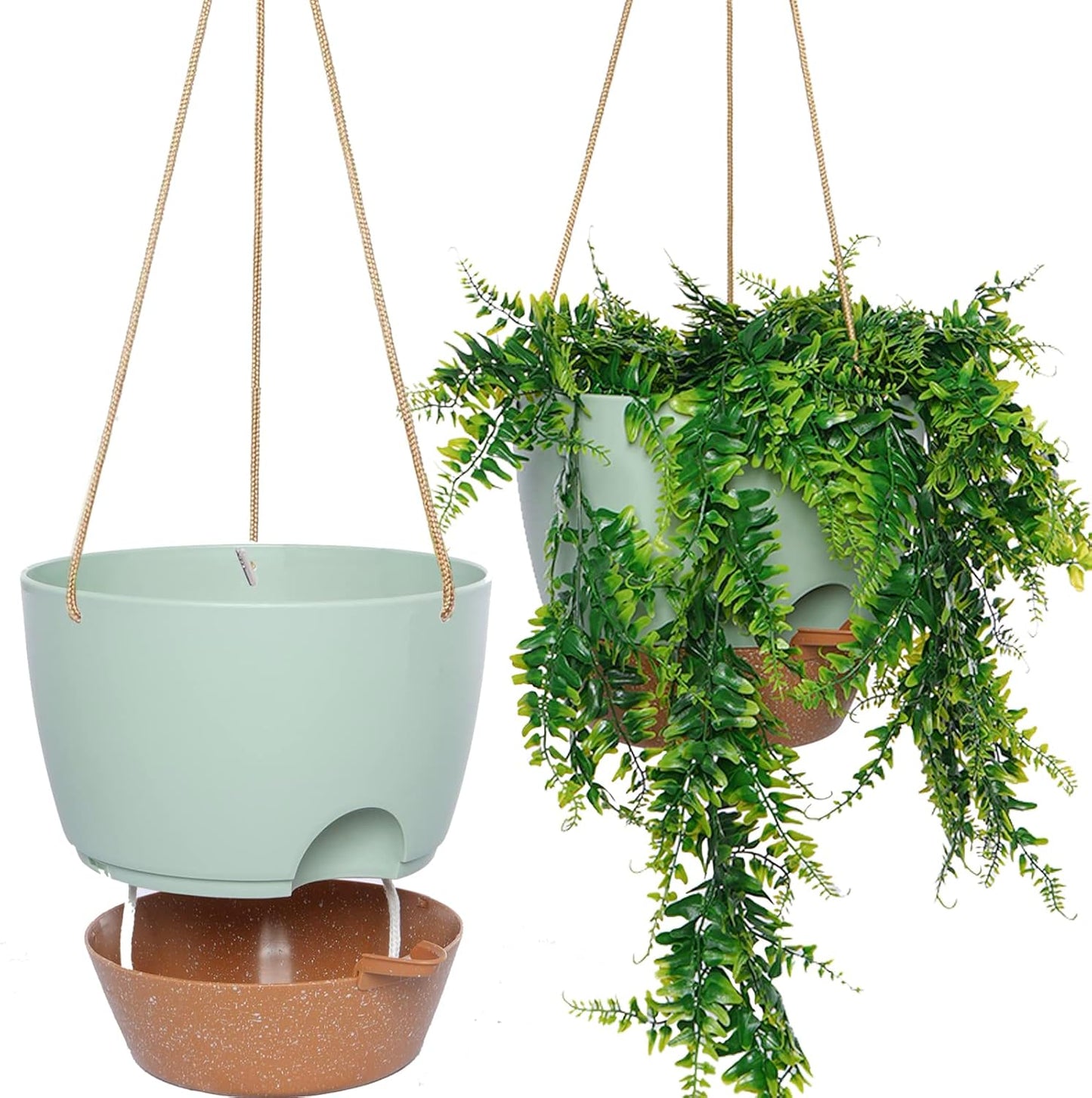 8 inch Hanging Planters, 2 Pack Self Watering Hanging Pots with 20oZ Deep Reservoir for Indoor Outdoor Plants Flowers, Green with Brown