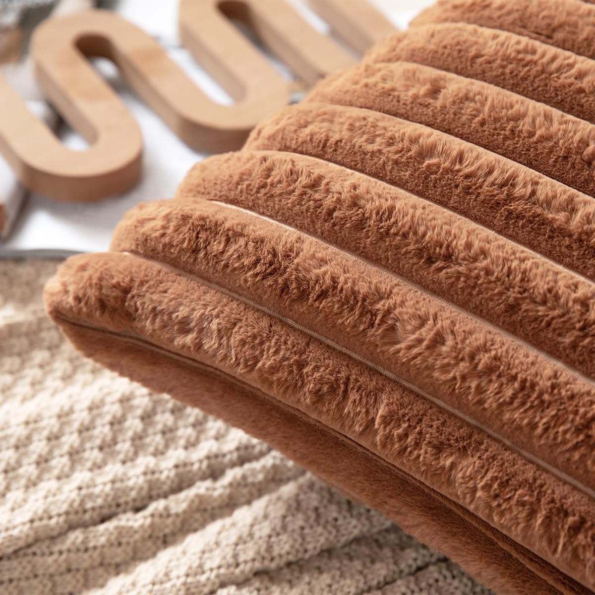 DEELAND Pack of 2,Double-Sided Faux Fur Plush Decorative Throw Pillow Covers Fuzzy Striped Soft Pillowcase Cushion Covers for Sofa Couch Bedroom Brown 12x20 inch