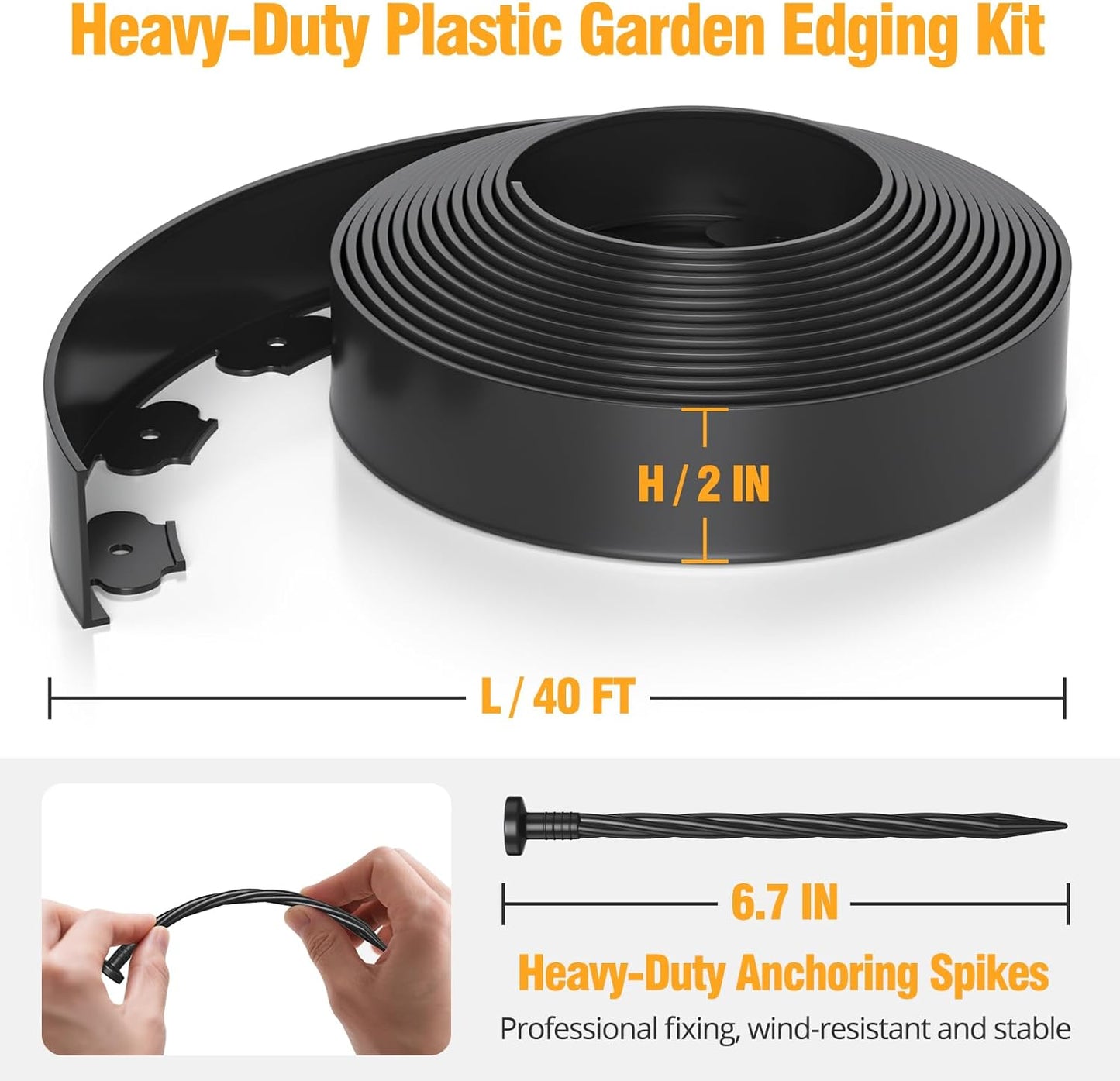 40FT No-Dig Landscape Edging, 2 Inch Tall Heavy Duty Plastic Garden Edging Border with 40 Anchoring Spikes for Lawn, Flower Bed & Decorative Yard (Black)