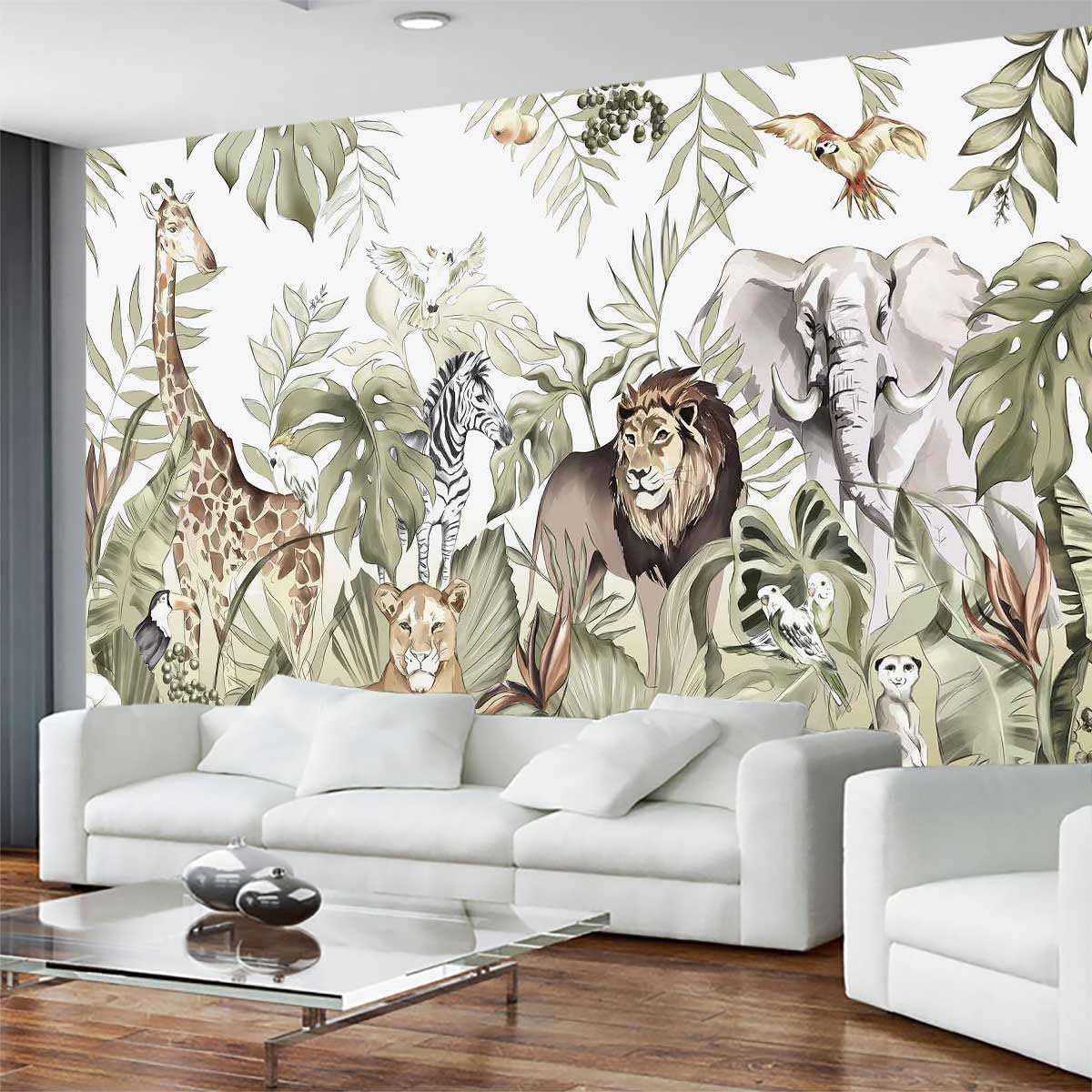 Hand-Painted Beautiful Wall Mural Pattern of Tropical Plants and Various Animals, Large Art Wall Background Wallpaper(Non-self-Adhesive)