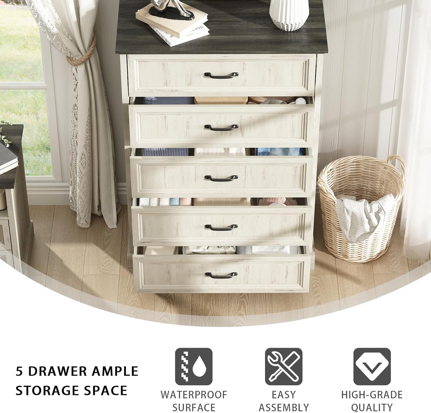 Farmhouse 5 Drawers Dresser for Bedroom, 44" Tall White Dresser Wood Rustic Chest of Drawers with Wide Metal Handle,Natural Texture,Drawer Organizer for Bedroom,Living Room,Hallway and Entryway