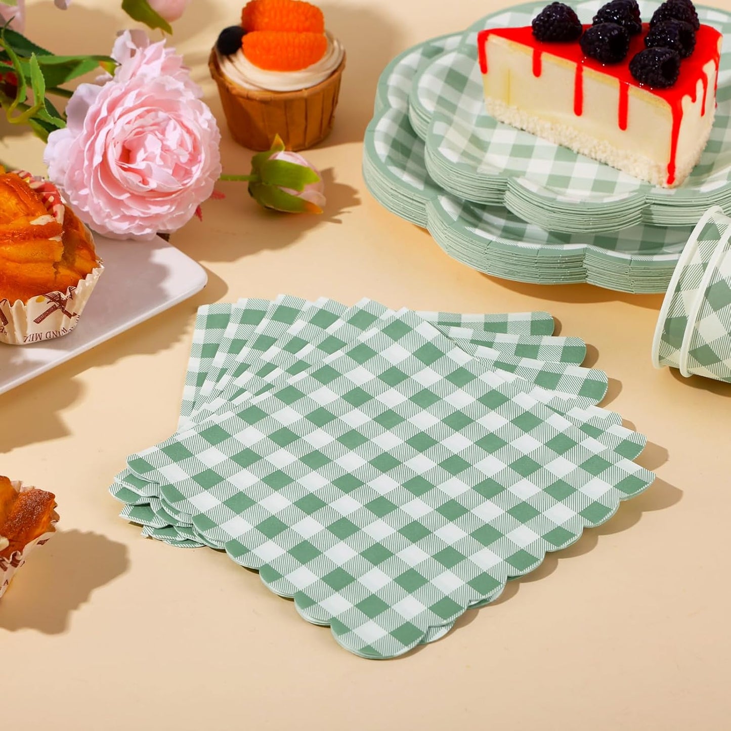 350 Pcs Sage Green Gingham Paper Plates and Napkins Party Supplies - Sage Green and White Checkered Plates Scalloped Plaid Plate for Birthday Dinner Picnic BBQ Party Decorations, Serve 50 Guests