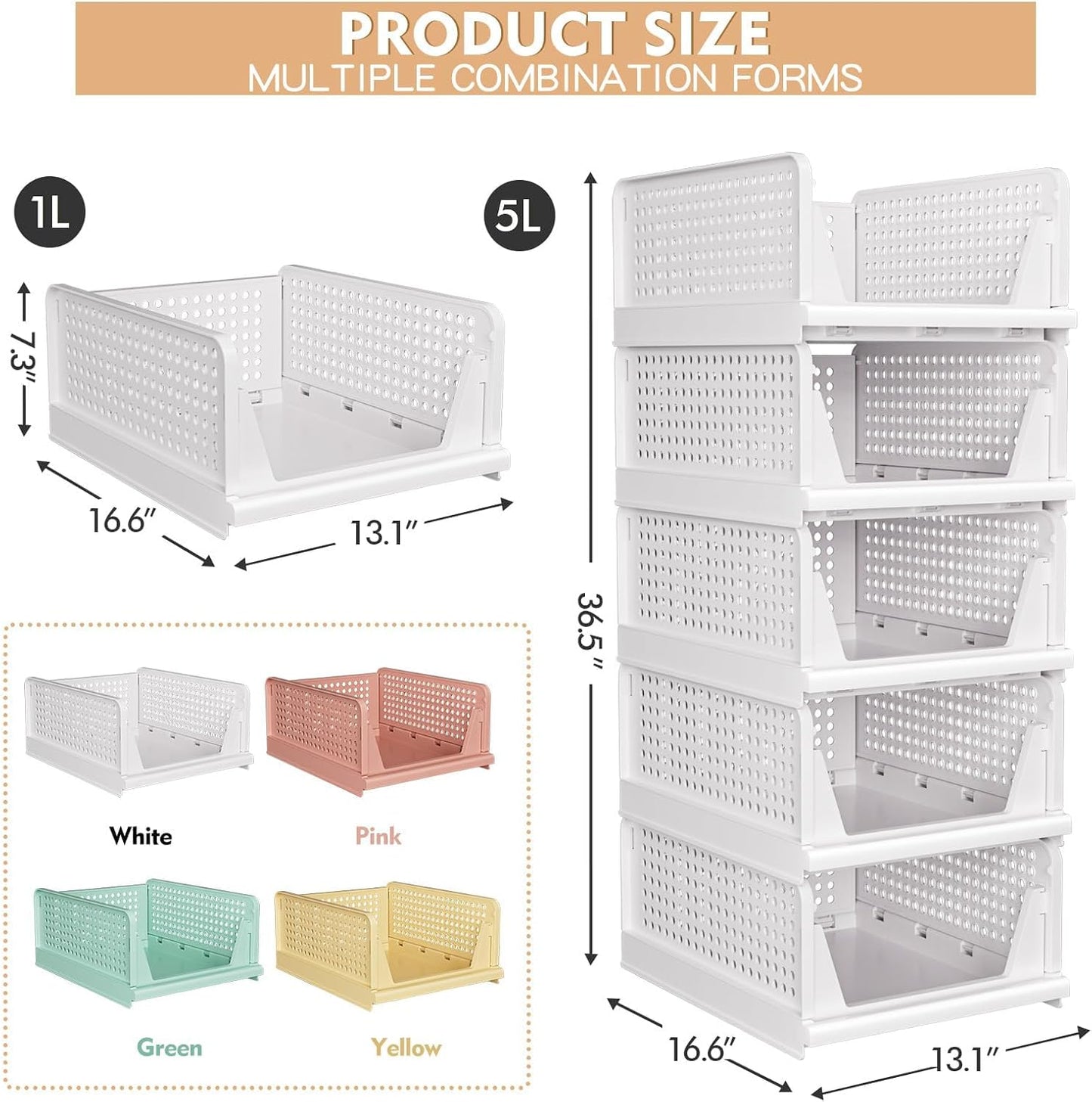5 Pack Stackable Closet Storage Basket - Stackable Storage Bins, Multifunctional & Foldable Closet Organizer, Wardrobe Cupboard Space-Saving Hat Storage Drawer Organizer, White