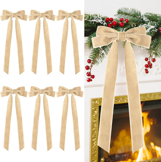 Senjie Velvet Large Christmas Bows for Staircase Garland Wreath, 20in x 8in Vintage Ribbon Bows with Twist Tie for Xmas Tree Holiday Indoor Outdoor Decorations (6Pcs, Khaki)