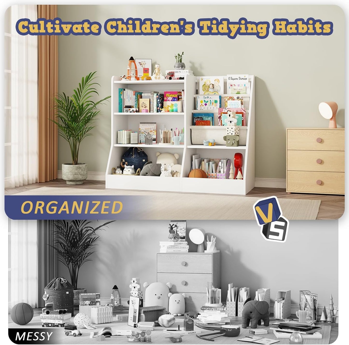 39" Large Kids Wooden Bookshelf and Toy Storage Organizer, Baby Bookcase with Sling Book Rack, Children Toddler Wooden Book Shelf for Kids Rooms, Playroom, Classroom, Nursery, School (White)