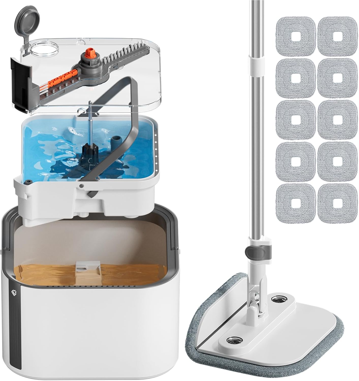 Upgraded Spin Mop and Bucket Self-Standing Mop Bucket Separate Dirty and Clean Water System Self Wringing 360° Rotating Clean Mop and Bucket Set (Light Gray, 10Pads Mop and Bucket Set)