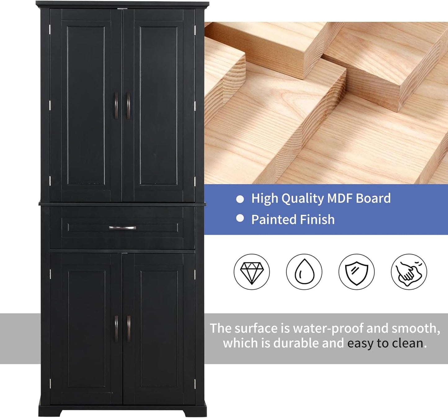72.2" Tall Storage Cabinet with 4 Doors and Drawer, Freestanding Linen Cabinet, Wooden Pantry with Adjustable Shelf for Kitchen, Bathroom, Living Room Black