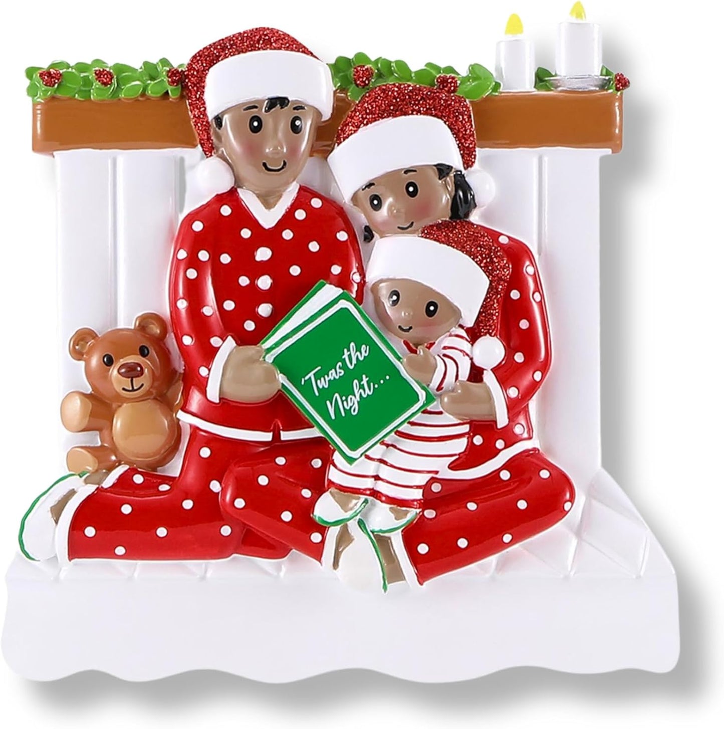 3D African American Pajama Family of 3 Christmas Ornament 2025 Personalized Family Christmas Ornaments 2025 | Black Reading a Book Personalized Tree Ornaments in Red Pajama of Three Ornament Gifts