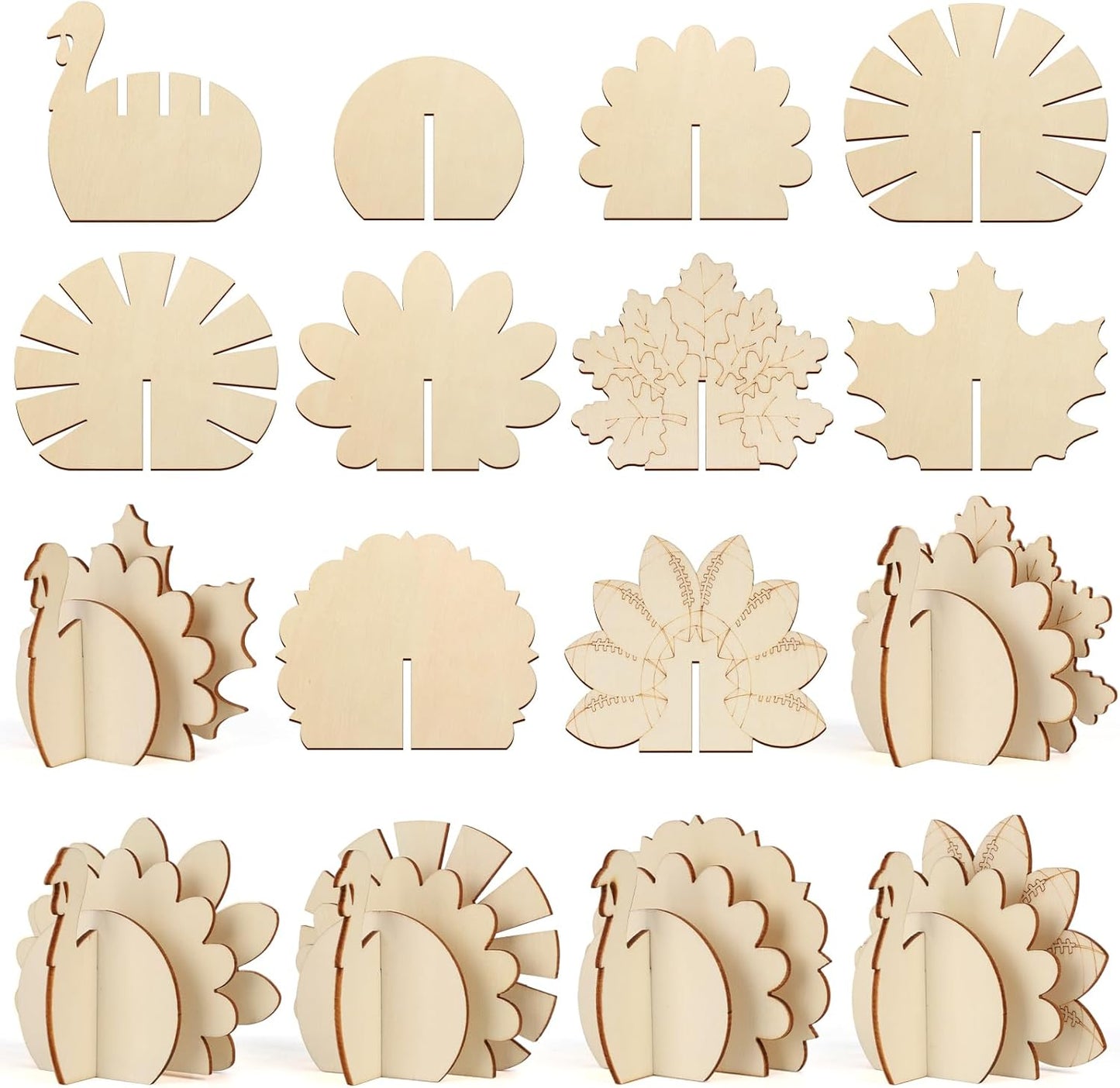COCHIE DIY 3D Turkey Thanksgiving Wood Crafts to Paint for Kids Adults, Paintable Unfinished Wooden Slices for Craft, Fall Cutouts Ornaments for Painting Decorations 24 PCS Formed Into 6 Turkeys