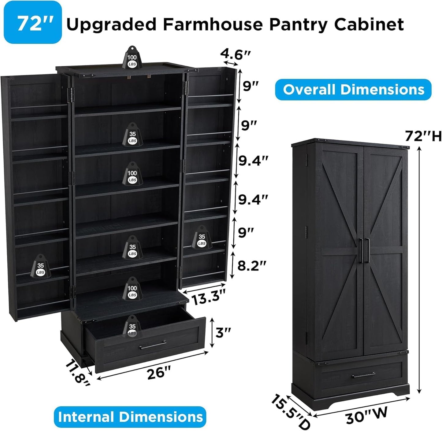 72" Farmhouse Kitchen Pantry Cabinet with Drawer, Tall Storage Cabinet with 2 Barn Doors and Shelves, Versatile Large Rustic Storage for Dining Room, Bathroom, Living Room, Black