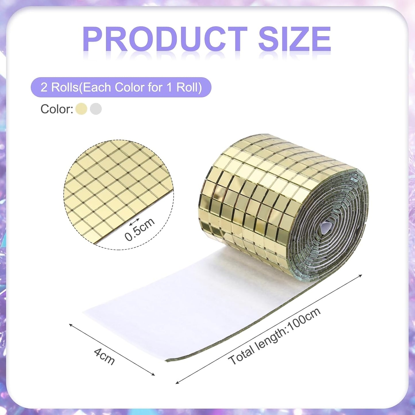 MECCANIXITY Self Adhesive Glass Mirror Mosaic Tiles 3200 Pcs 5 x 5 mm Disco Tiles for Craft Decoration Glass Mirror Disco Ball 2 Rolls (Gold/Silver)