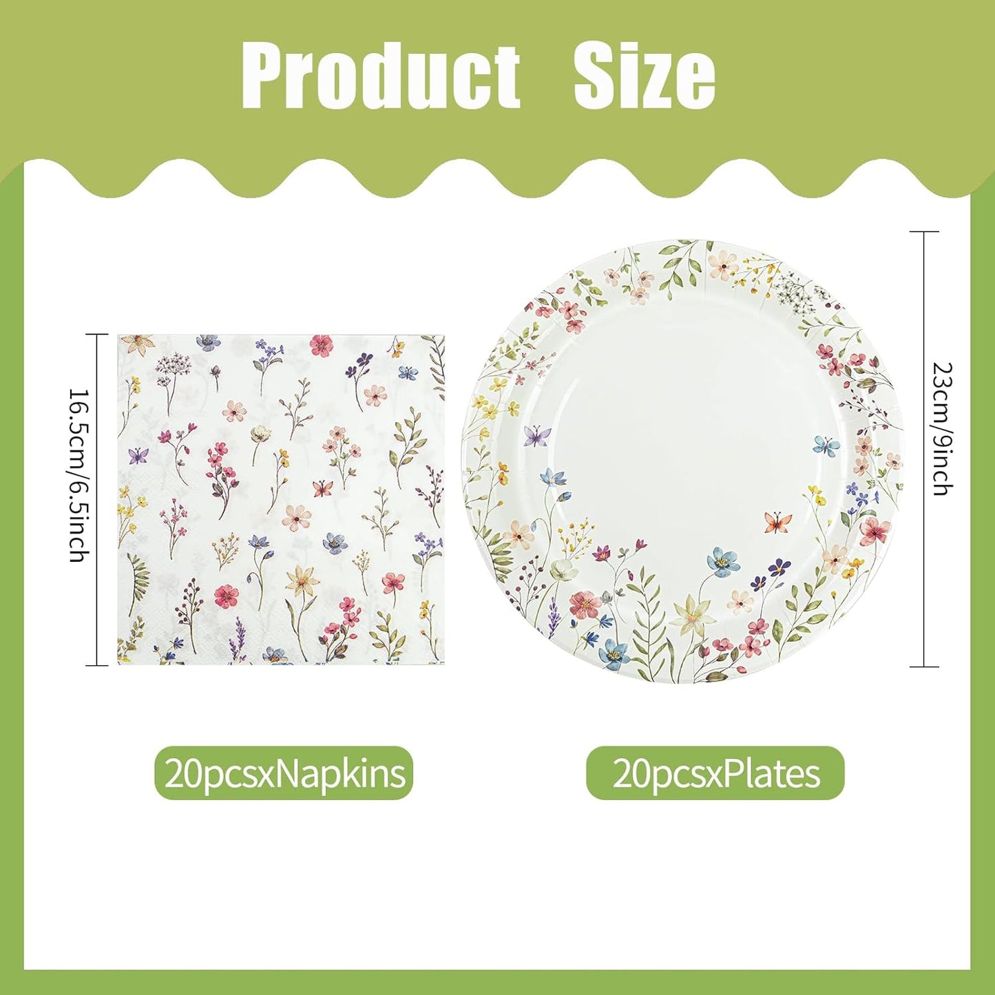 40 pcs Spring Wildflower Pary Paper Plates and Napkins Disposable Flower 9 inch 20 pcs Dessert Party Plates & 20 pcs Napkins Tableware for Fruit Cake Party Decorations