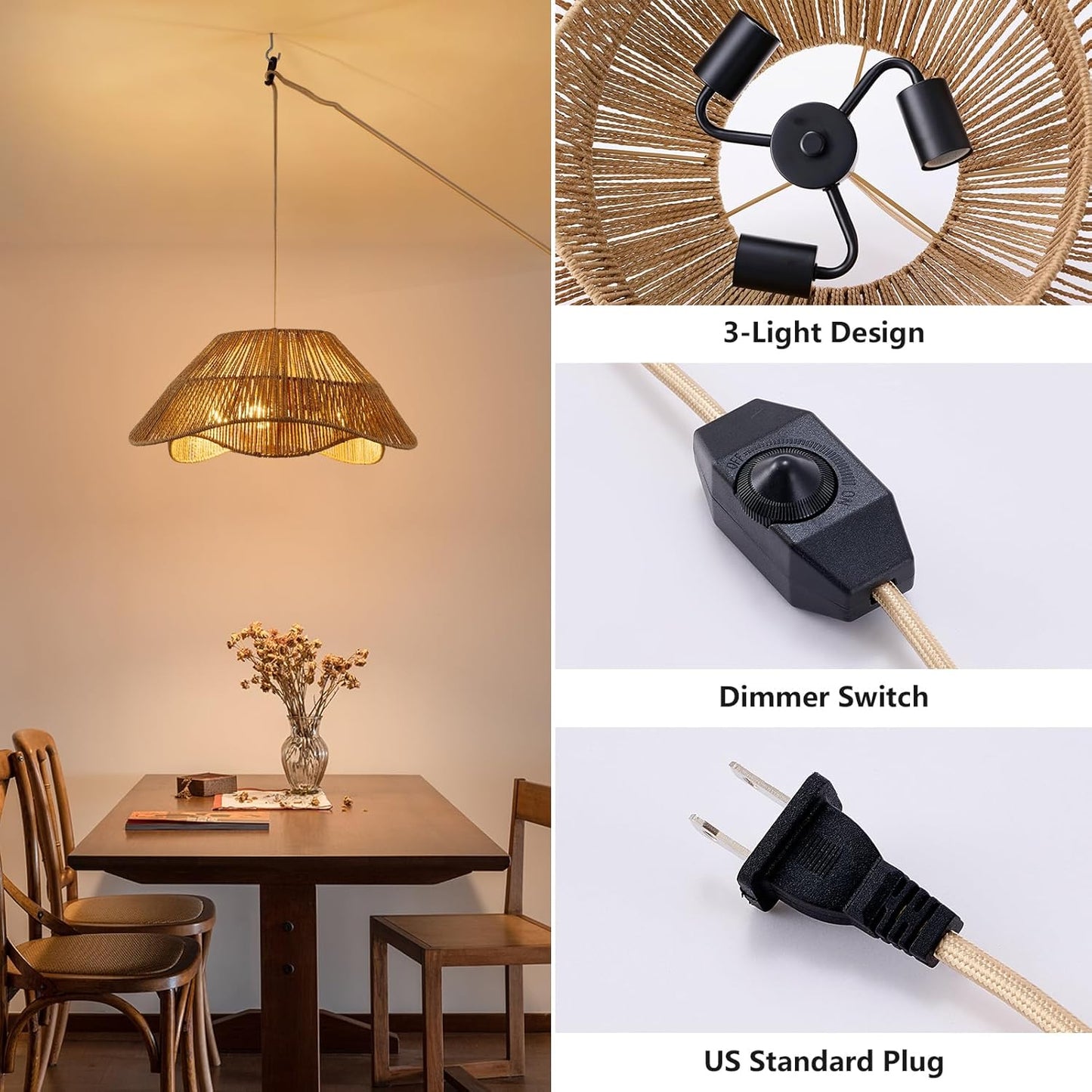 19.68" Plug in Pendant Light, 3-Light Rattan Hanging Lights with Plug in Cord, Boho Plug in Hanging Ceiling Light Fixture with Dimmable Switch, Hand Woven Wicker Hanging Lamp for Dining Room