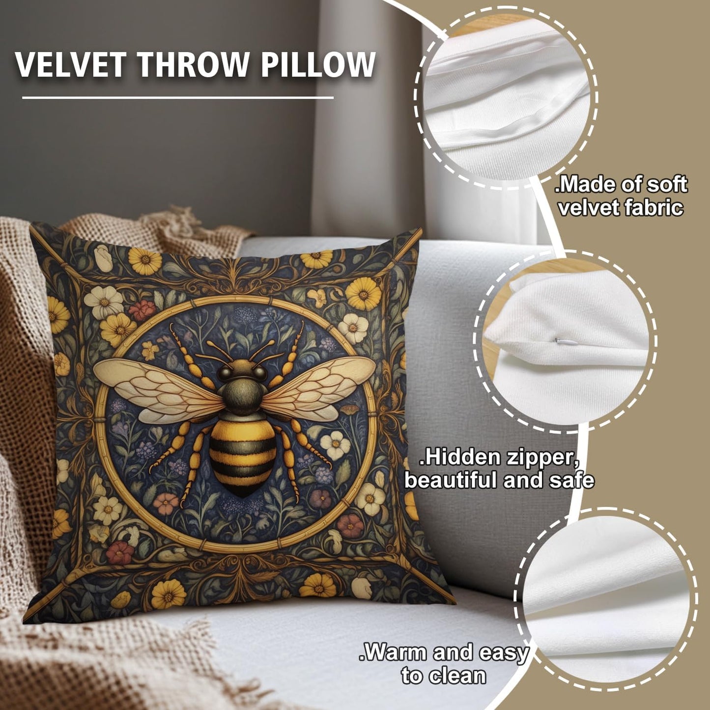 YOU FOUND ME William Morris Abstract Vintage Floral Velvet Butterfly Design Throw Pillow Covers Home Decor, Retro Art Deco Pillowcase Cushion Cover for Bed Sofa Living Room, Square 18x18inch (Bee)