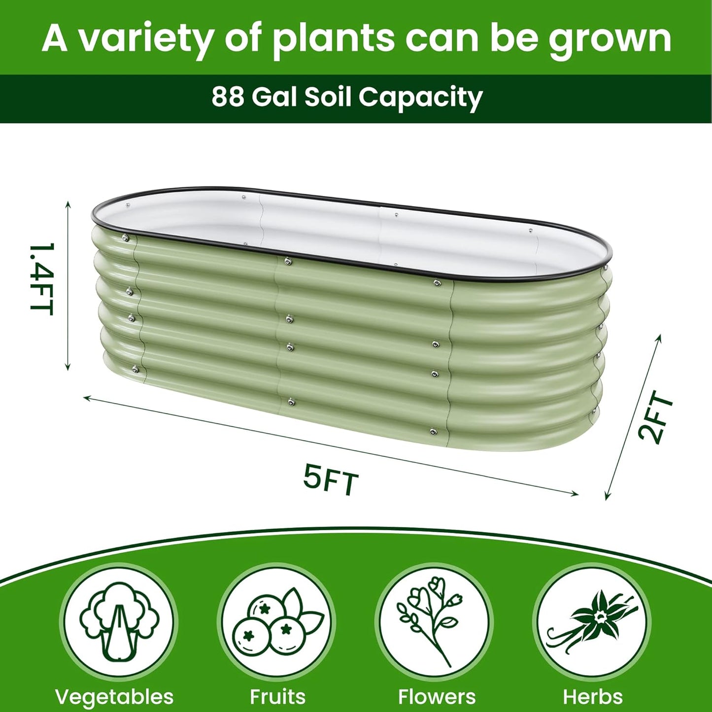 5x2x1.4 Ft Raised Garden Bed, Planter Box Outdoor with Rubber Edge Zinc-Aluminum-Magnesium Stainless Steel Durable Metal Garden Beds Kit for Vegetables, Flowers, Herbs and Succulents(Light Green)