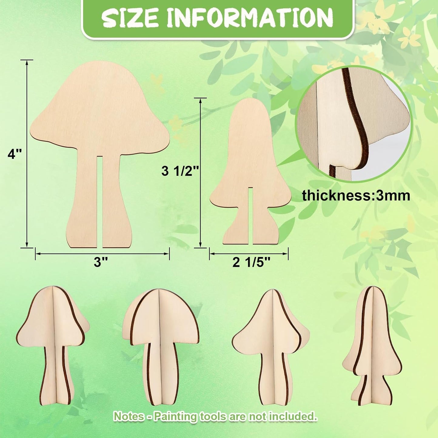 COCHIE DIY 3D Mushroom Spring Wood Crafts to Paint for Kids Adults, Paintable Unfinished Wooden Slices for Craft, Mushrooms Cutouts Ornaments for Painting Decorations (24 PCS)