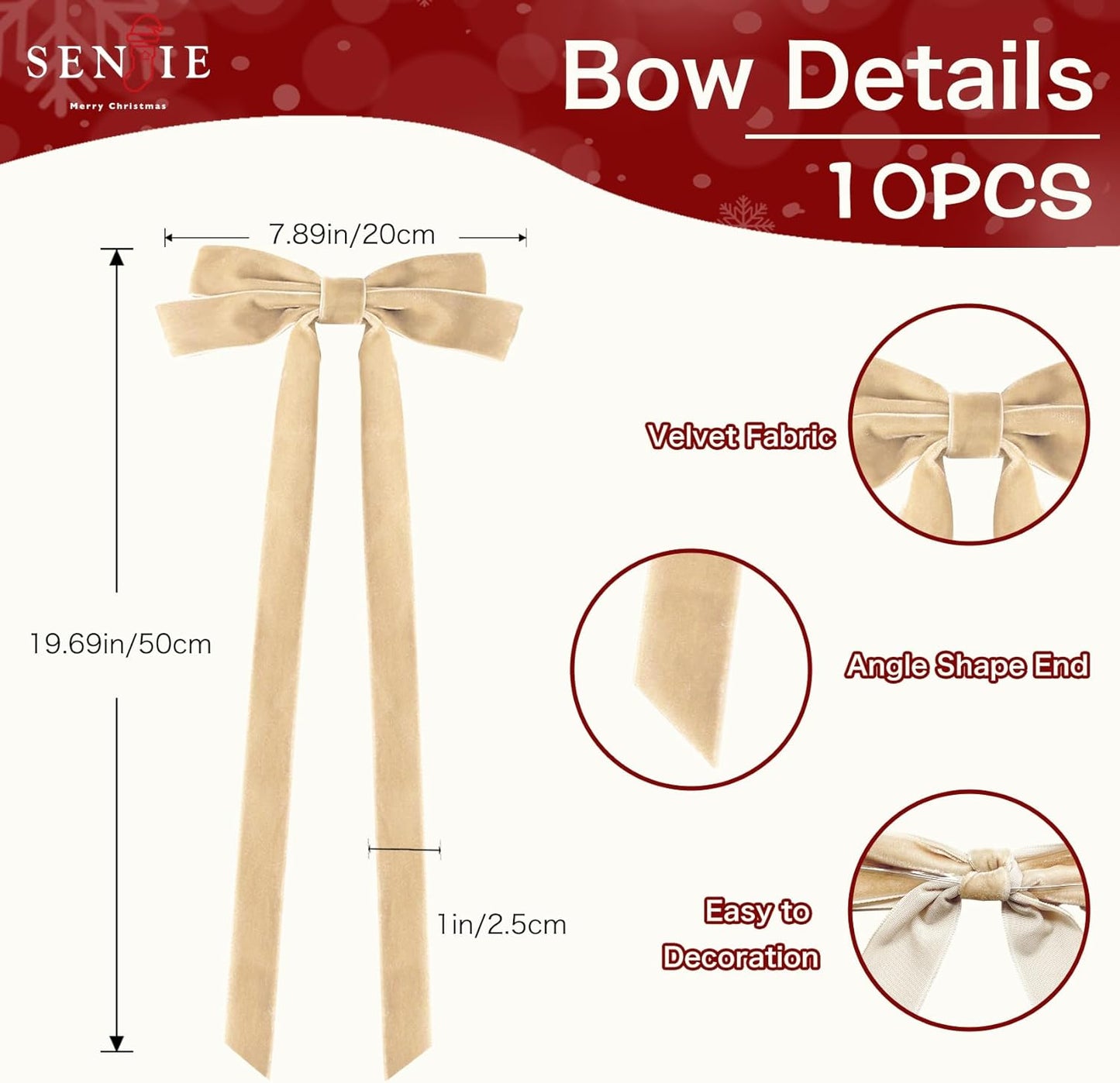 Senjie 10Pcs Large Velvet Christmas Tree Bows, 20in x 8in Premade Vintage Ribbon Tree Topper Bows Ornaments for Staircase Garland Wreath Holiday Home DIY Crafts Decorations, Khaki