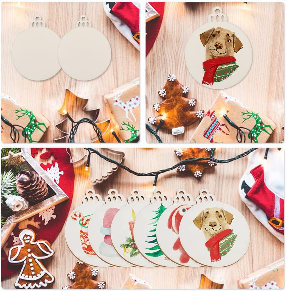 PartyTalk 30pcs Round Wooden Discs with Holes, 3" Unfinished Predrilled Natural Wood Slices for Crafts Centerpieces, Wooden DIY Christmas Ornaments Hanging Decorations