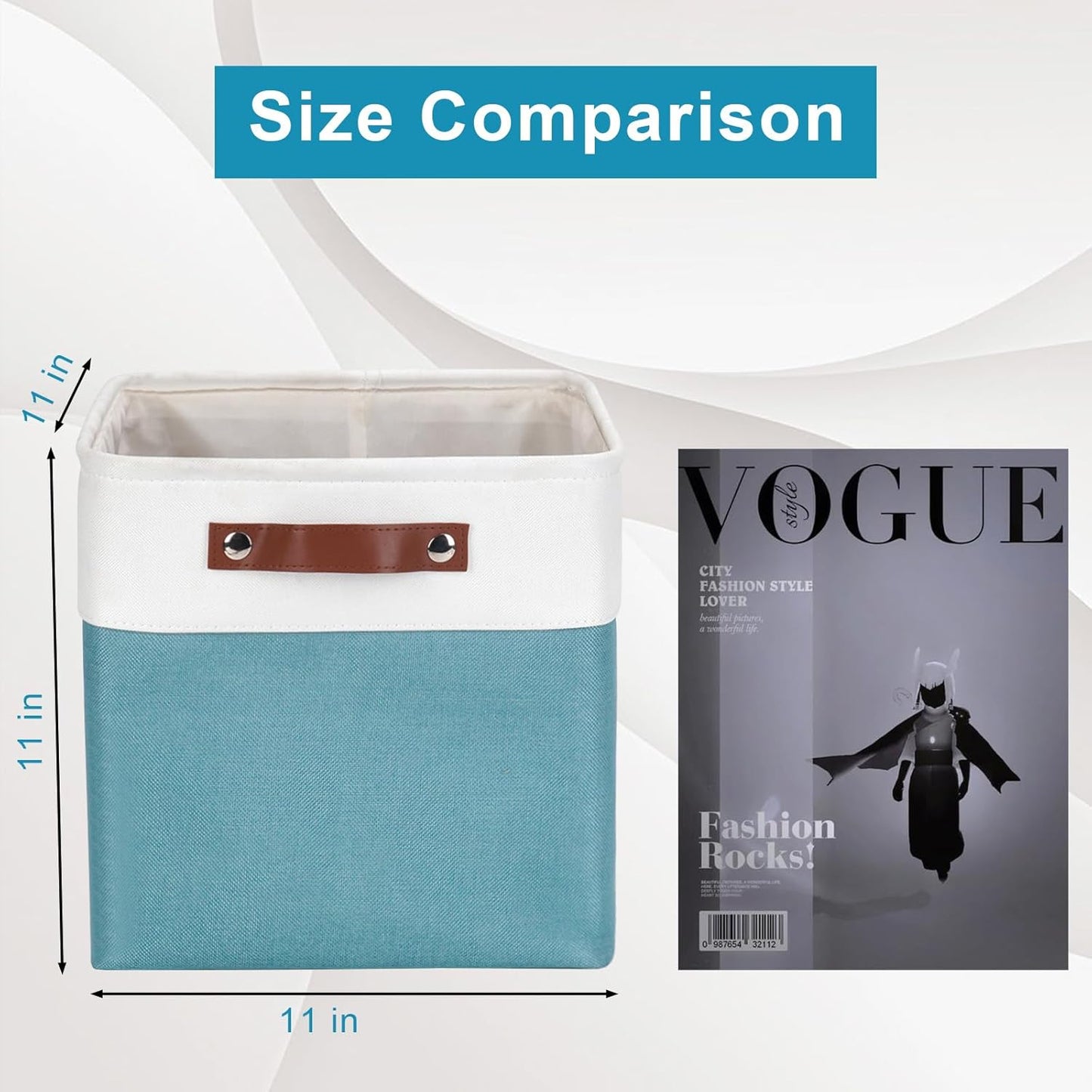 Collapsible Fabric Storage Cubes 11x11 Cube Storage Bins, 4 Pack Closet Baskets Box with Handles for Organizing, Shelf, Toys, Clothes, Home, Office, Nursery (Teal&White)