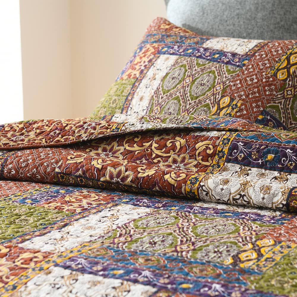 Cotton Bedspread Quilt Sets Reversible Coverlet Sets Comforters Vintage Bohemian Patchwork Bedspread (Brown, Queen Size)