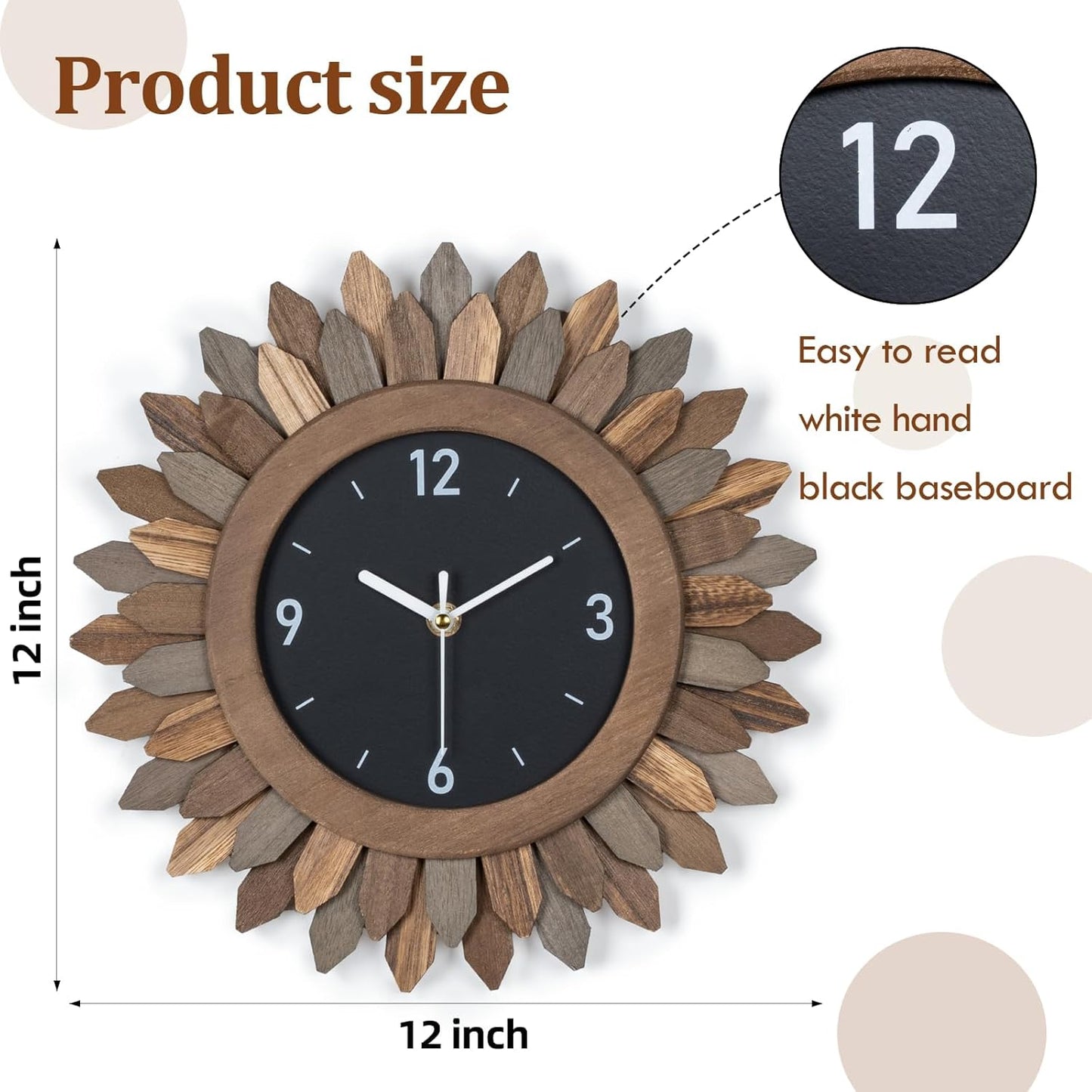 Honiway Wall Clock Battery Operated 12 in Rustic Wood Boho Sunburst Decorative Wall Clock Silent Non Ticking Farmhouse Small Wall Clocks for Living Room Kitchen Bathroom Bedroom Decor (Tricolor)
