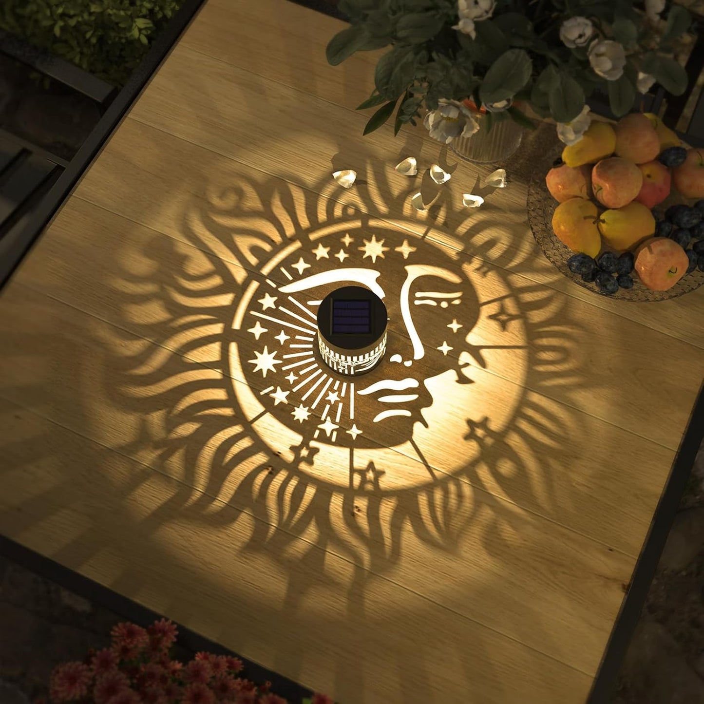 4 Pack Solar Fence Lights Metal Solar Powered Outdoor Wall Deck Step Lights Sun Moon Theme Waterproof Fence Light for Garden Post Patio Backyard Yard Decor, Gardening Gifts for Women Mom Grandma