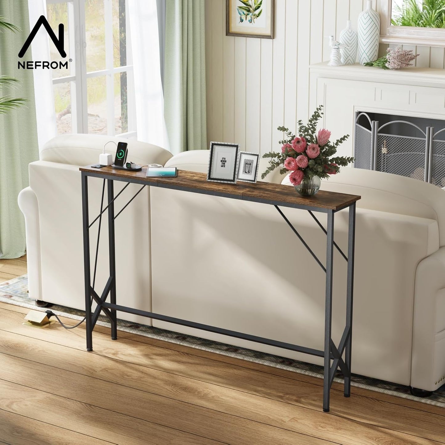 47.2'' Console Table, Skinny Entryway Table with Fast-Charging Station, Narrow Long Sofa Table, Behind Slim Couch Table for Entrance, Hallway, Living Room Decor ST-BR120-1