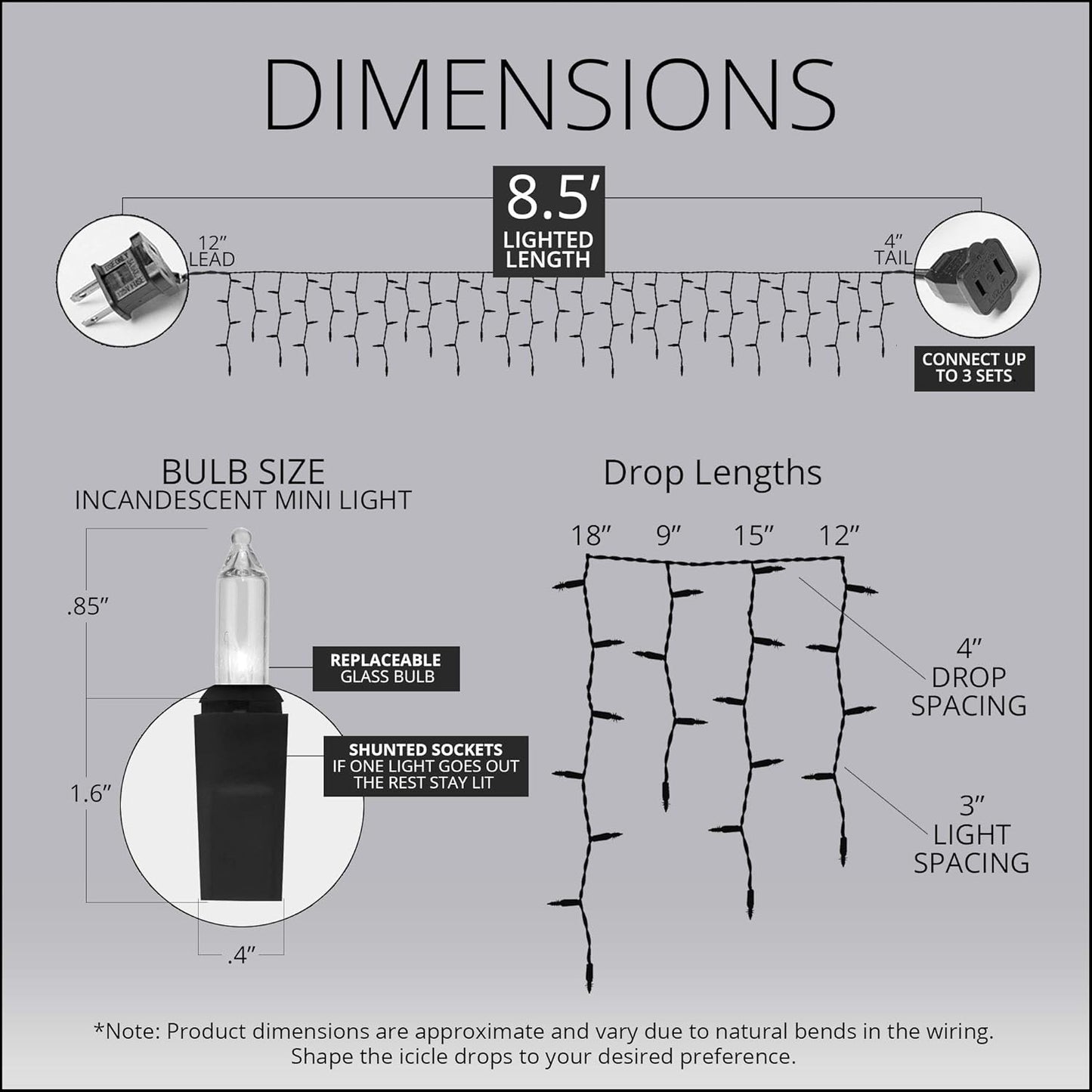 8.5 ft 150 Clear Icicle Lights - White Wire, Indoor/Outdoor Christmas Icicle Lights