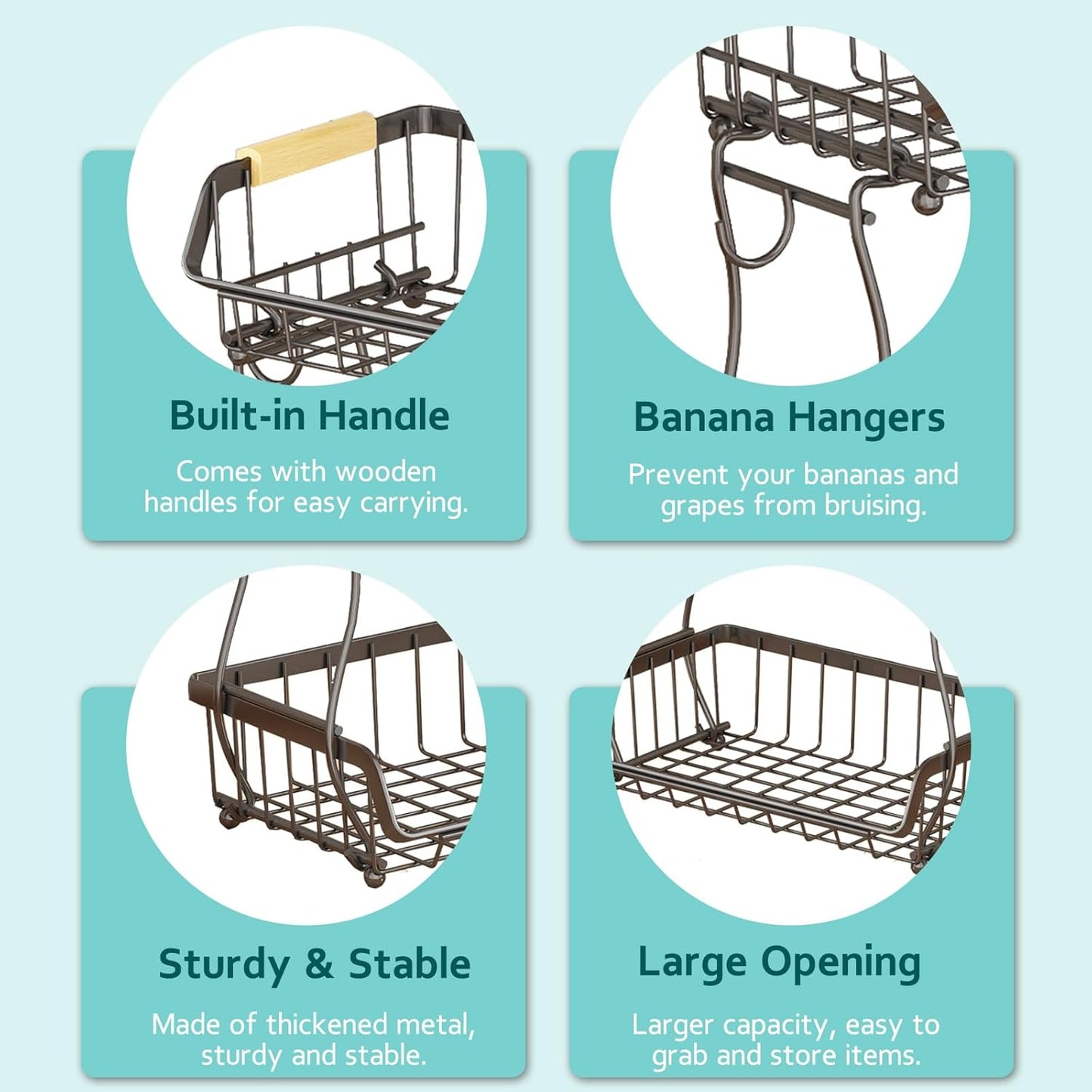 2 Tier Fruit Basket with 2 Banana Hangers, Detachable Countertop Fruit Bowls for Kitchen Counter, Metal Wire Fruit Vegetable Storage Holder Stand with Wooden Handles for Bread, Snacks, Veggies