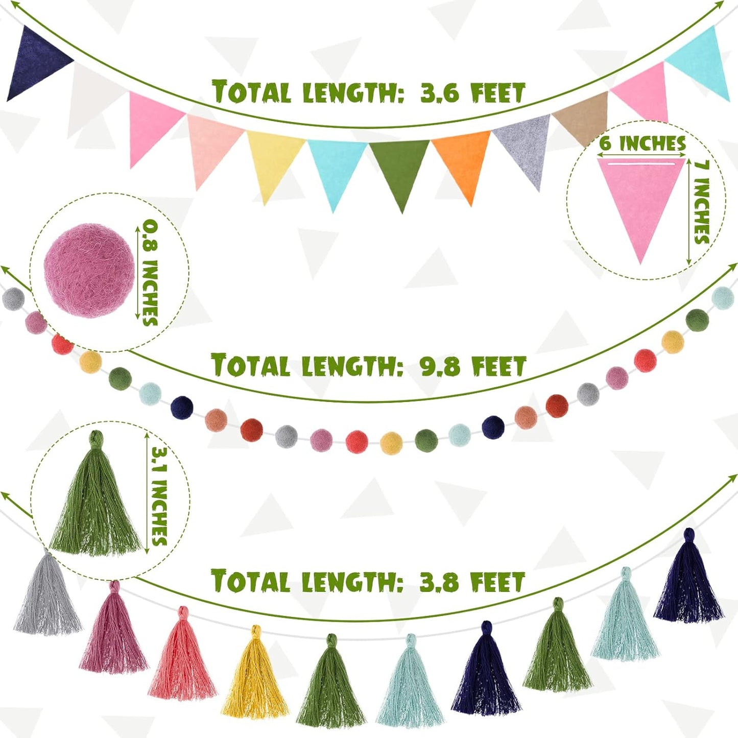 Irenare 9.8 ft Pom Pom Garland Felt Colorful Tassel Banner Christmas Party Pompoms Garland Decorations Felt Pennant Banner for Classroom Home Mantel Fireplace Birthday(Bright Color)