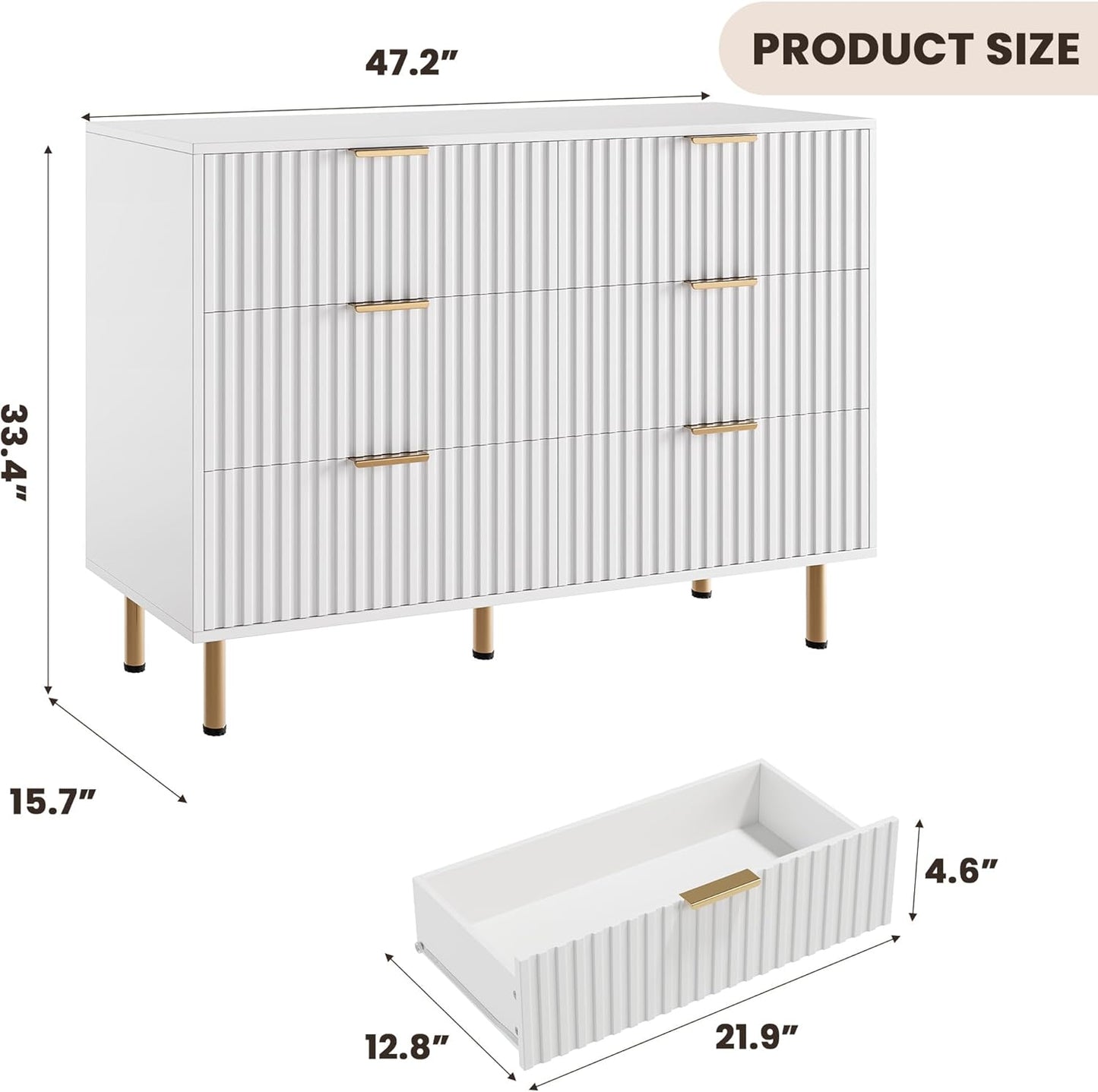 White 6 Drawer Dresser for Bedroom, Fluted 54" Wide Modern Chest of Drawers with Deep Drawers, Long Large Double Dresser TV Stand for Living Room, Hallway, Kids Room