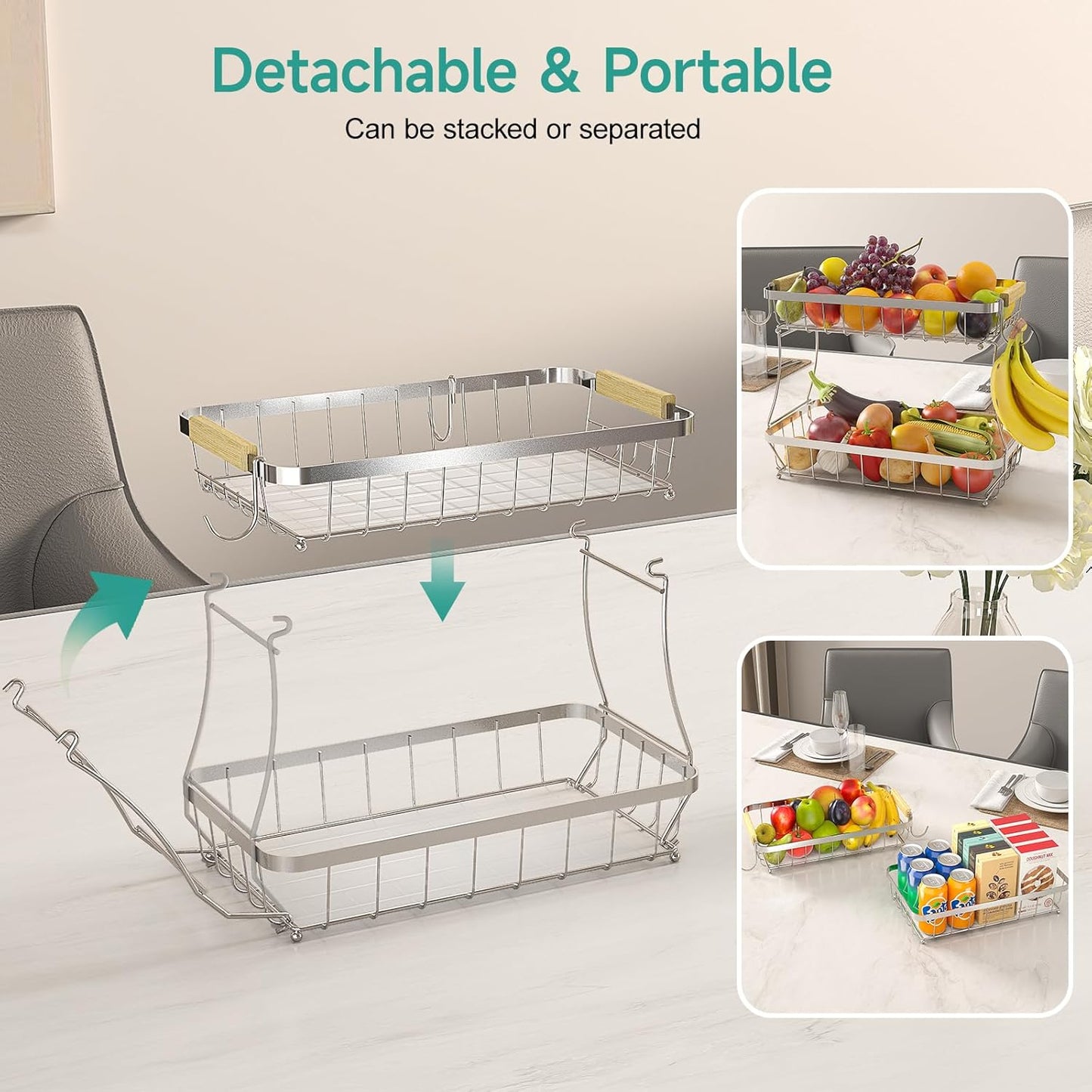 2 Tier Fruit Basket for Kitchen Counter with 2 Banana Hangers, 2025 Pro Detachable Metal Fruit Bowl with Wooden Handle,Fruit Holder for Bread Snack Veggies, Silvery